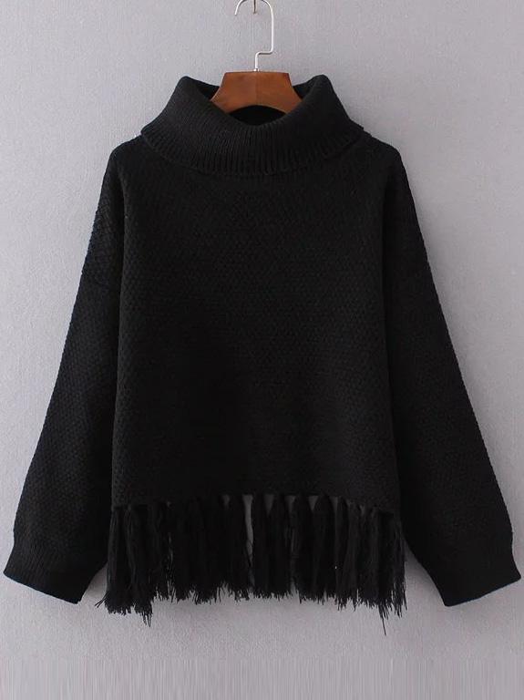 Romwe Black Turtleneck Drop Shoulder Fringe Hem Sweater