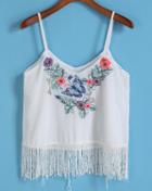 Romwe Spaghetti Strap Butterfly Embroidered Chiffon White Cami Top