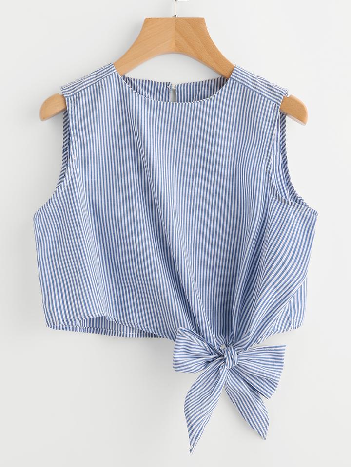 Romwe Vertical Striped Knot Hem Tank Top