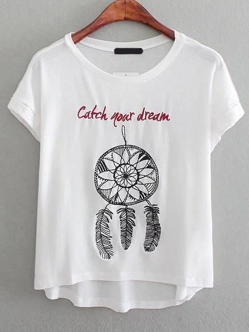 Romwe Dip Hem Embroidered T-shirt