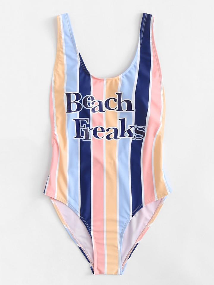 Romwe Letter Print Striped Swimsuit