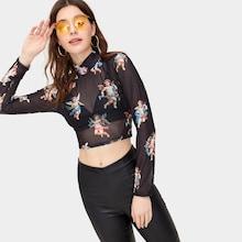 Romwe Angel Print Crop Sheer Tee