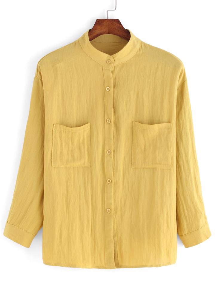 Romwe Stand Collar Pockets Yellow Blouse