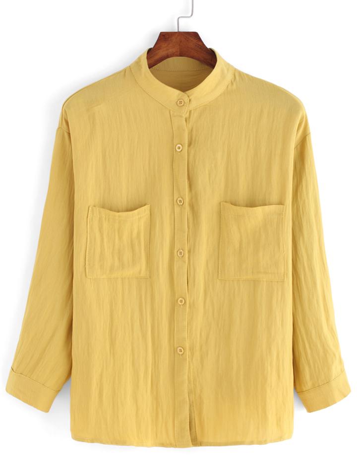 Romwe Stand Collar Pockets Yellow Blouse