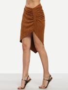 Romwe Brown Faux Suede Shirred Asymmetric Skirt