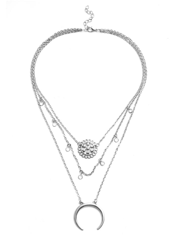 Romwe Antique Silver Layered Ox Horn Pendant Necklace