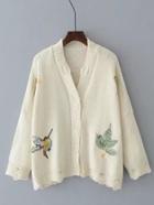 Romwe Bird Embroidery Ripped Sweater Coat