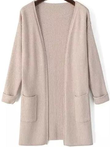 Romwe Open Front Pockets Nude Cardigan