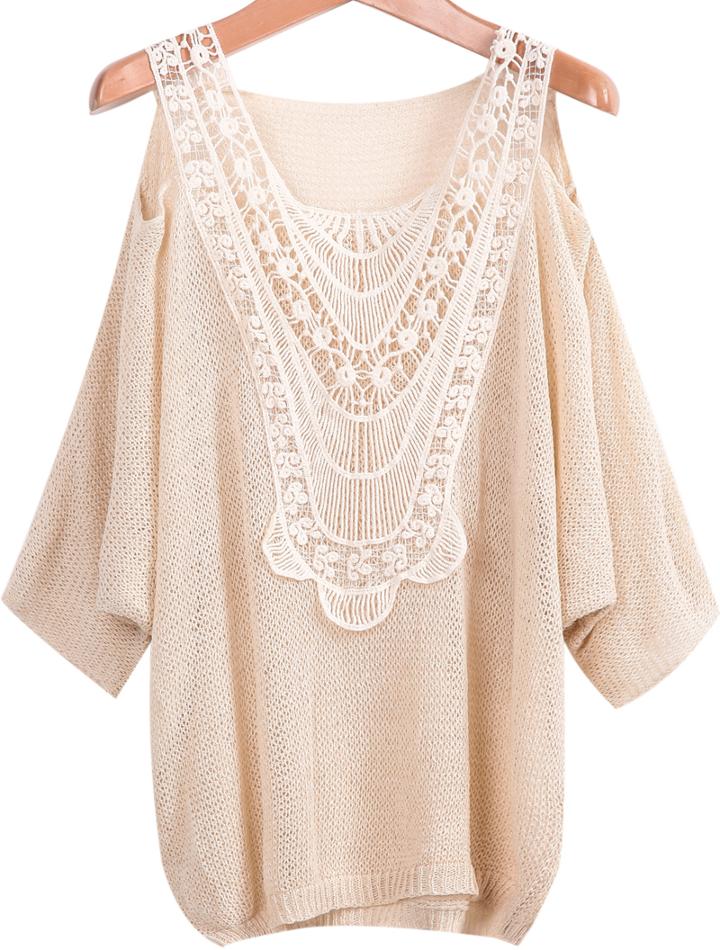 Romwe Cutout Shoulder Apricot Knitwear With Lace Detail