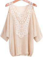 Romwe Cutout Shoulder Apricot Knitwear With Lace Detail