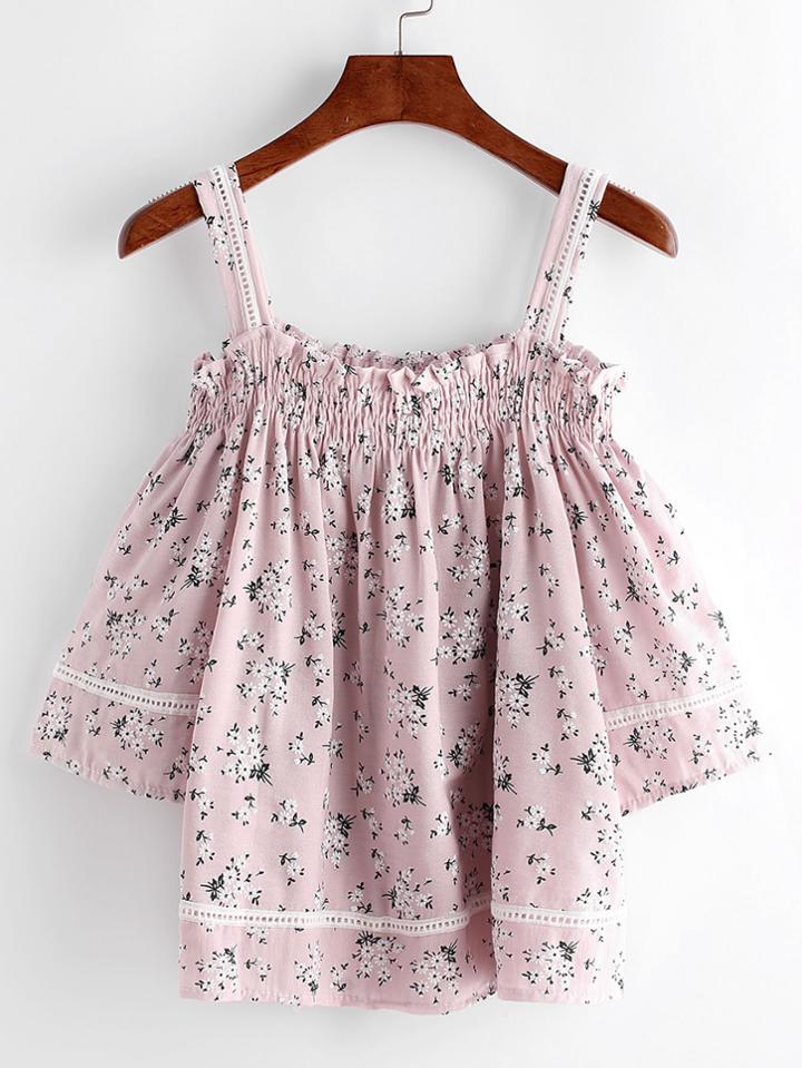 Romwe Pink Floral Shirred Cold Shoulder Top