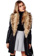 Romwe Faux Fur Collar Contrast Pu Leather Coat
