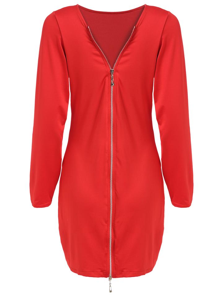 Romwe Long Sleeve Zipper Slim Red Dress