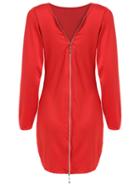Romwe Long Sleeve Zipper Slim Red Dress