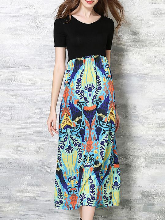 Romwe Multicolor Crew Neck Print Long Combo Dress