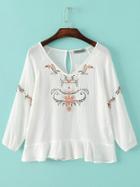Romwe White Flower Embroidery Drop Waist Hem Blouse