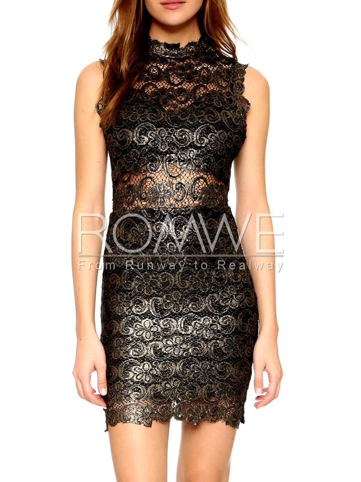 Romwe Black Mock Neck Sequined Lace Embroidered Bodycon Dress