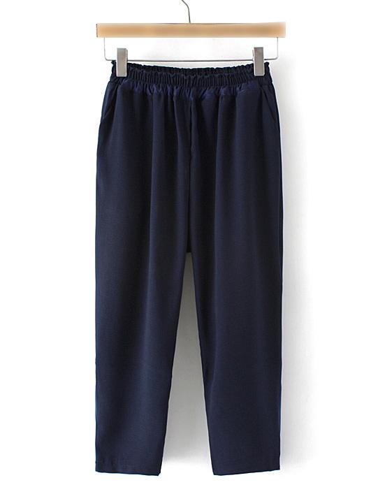 Romwe Navy Elastic Waist Pockets Cropped Pants