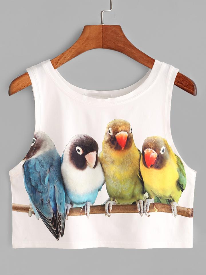 Romwe Beige Birds Print Crop Tank Top