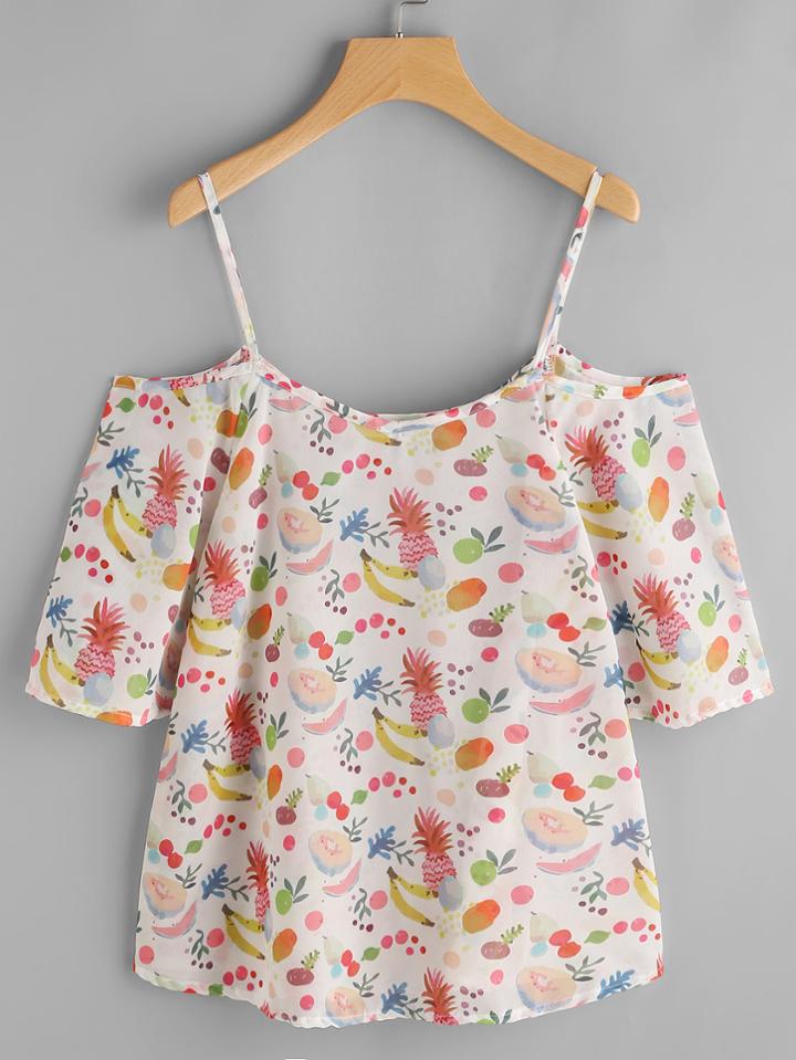 Romwe Open Back Fruit Print Top