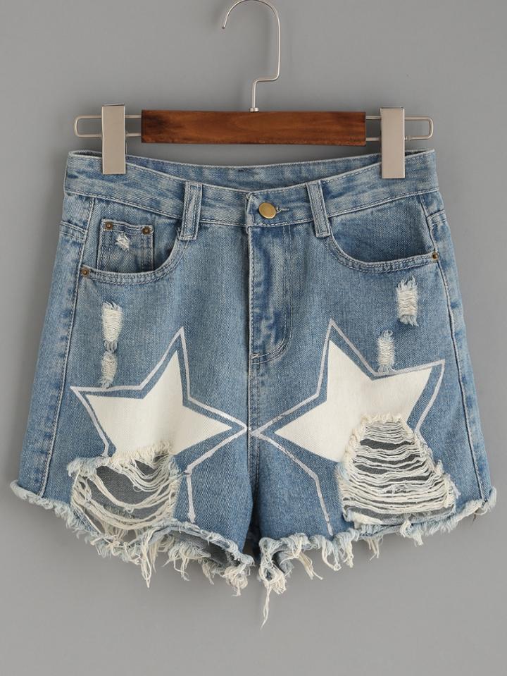 Romwe Blue Star Print Ripped Raw Hem Denim Shorts