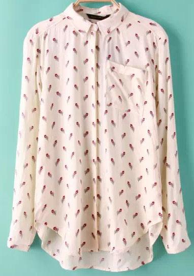 Romwe Lapel Feather Print Beige Blouse