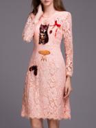 Romwe Pink Cat Applique Pouf Beading Sequined Lace Dress