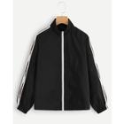 Romwe Letter Print Tape Panel Zip-up Jacket