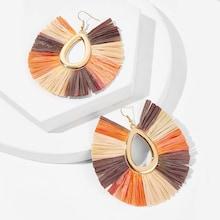 Romwe Color-block Lafite Hoop Drop Earrings 1pair