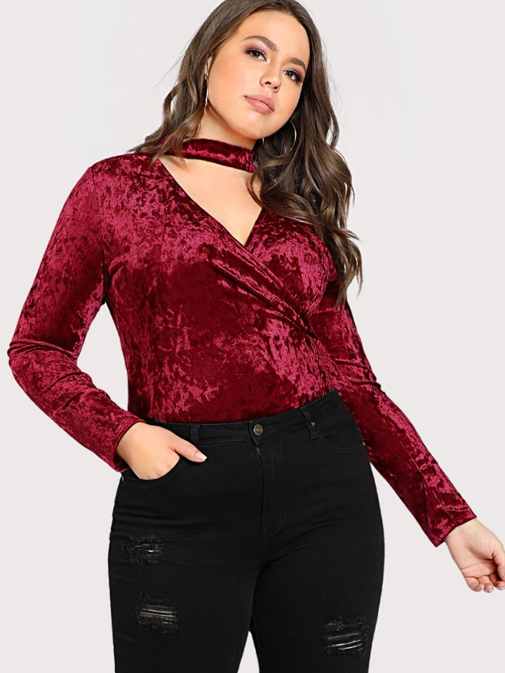 Romwe Velvet Choker Long Sleeve Wrap Top