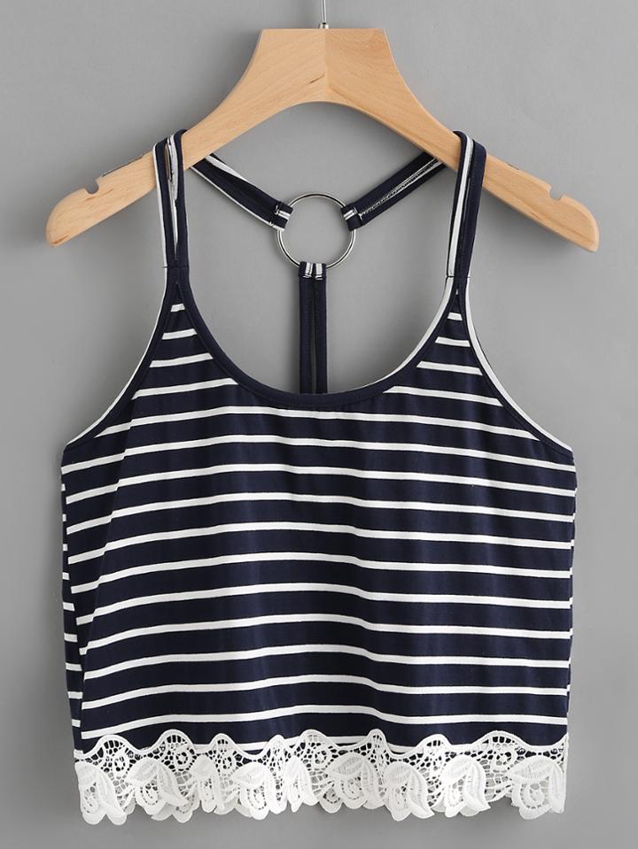 Romwe Contrast Crochet O Ring Back Halter Top