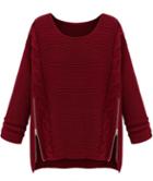 Romwe Wine Red Long Sleeve Side Zipper Cable Knit Sweater