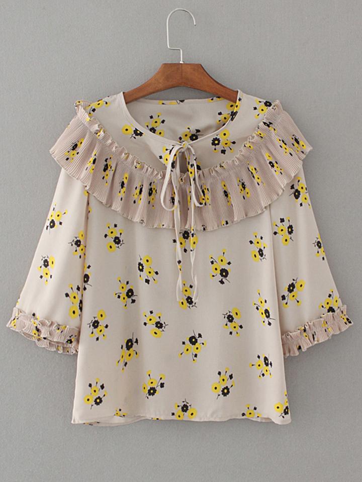 Romwe Tie Neck Frill Trim Floral Blouse