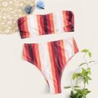 Romwe Ruched Striped Bandeau With High Waist Bikini Set