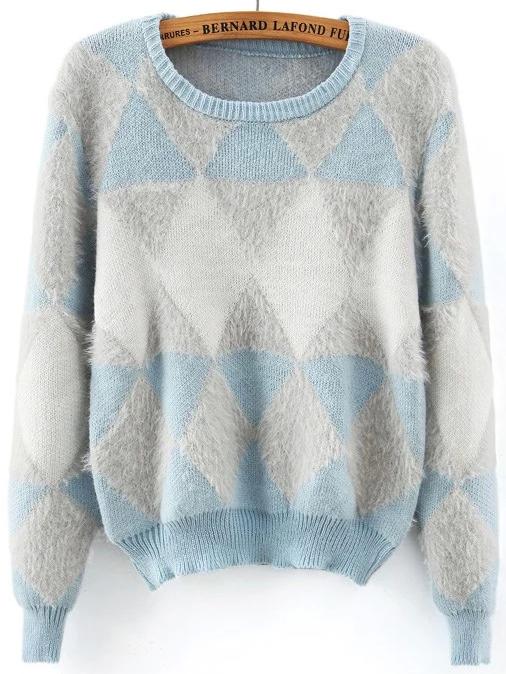 Romwe Geometric Print Fuzzy Blue White Jumper