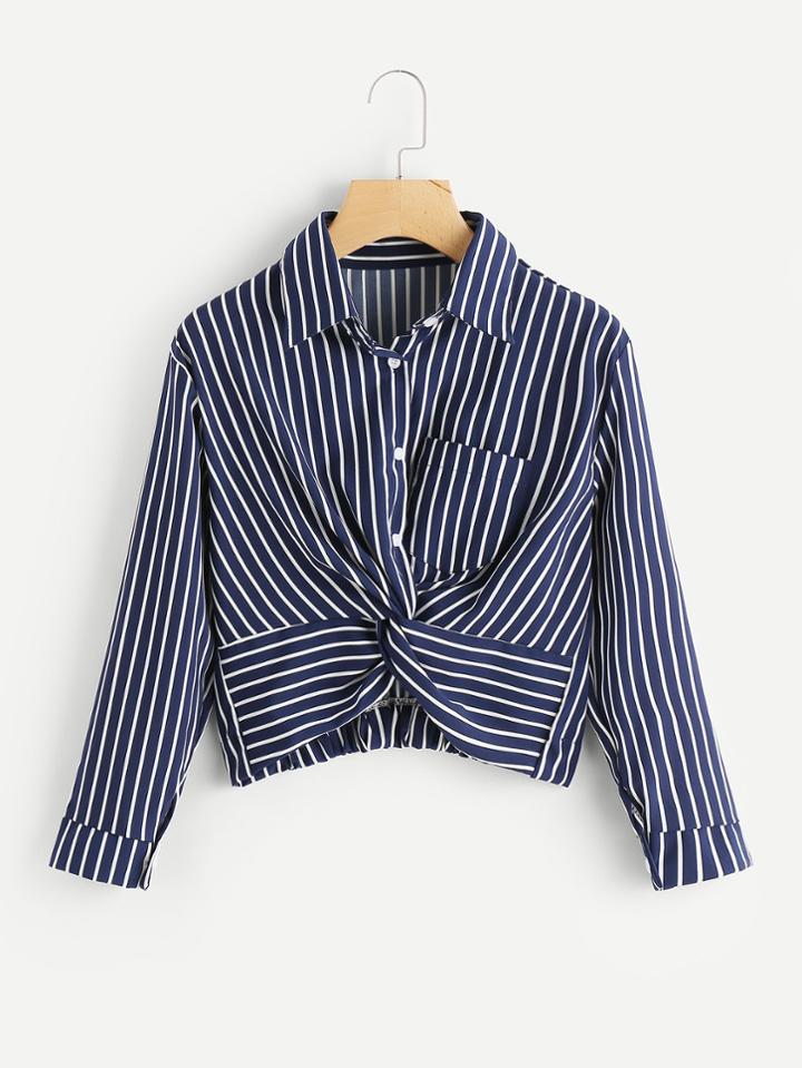 Romwe Striped Chest Pocket Twist Shirt
