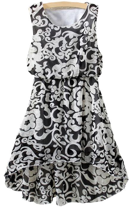 Romwe Flower Print High Low Chiffon Black Dress