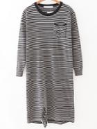 Romwe Black Striped Ripped Detail Knit Dress With Pocket