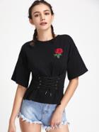 Romwe Rose Embroidered Patch Eyelet Lace Up Tee