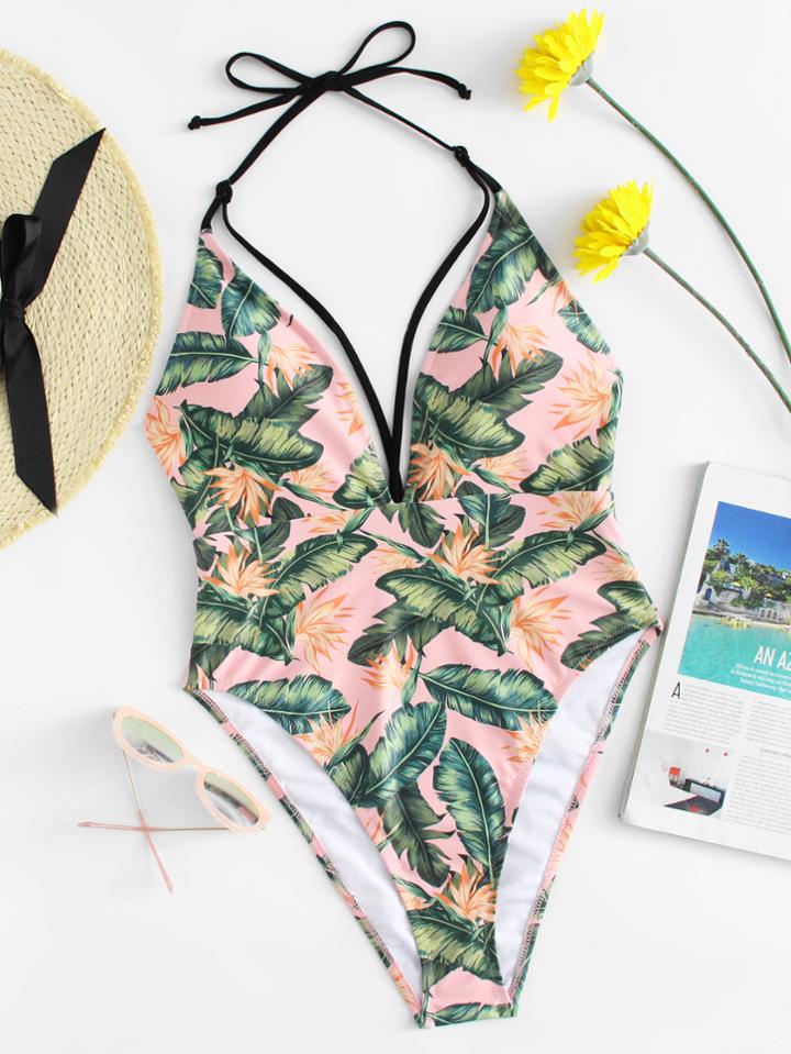 Romwe Palm Print Tie Neck Swimsuit