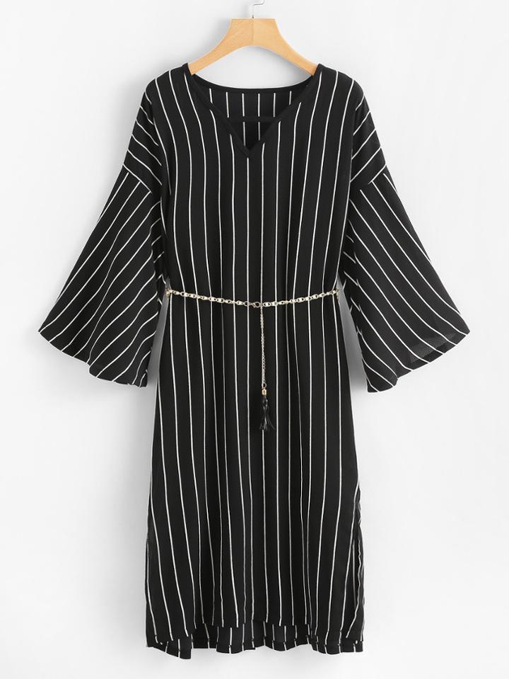 Romwe Flounce Sleeve Pinstripe Dress With Belt
