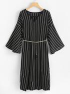 Romwe Flounce Sleeve Pinstripe Dress With Belt