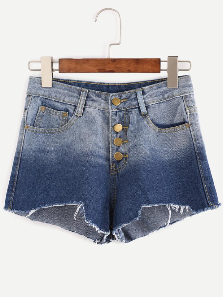 Romwe Blue Ombre Button Fly Asymmetric Hem Denim Shorts