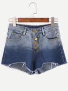 Romwe Blue Ombre Button Fly Asymmetric Hem Denim Shorts