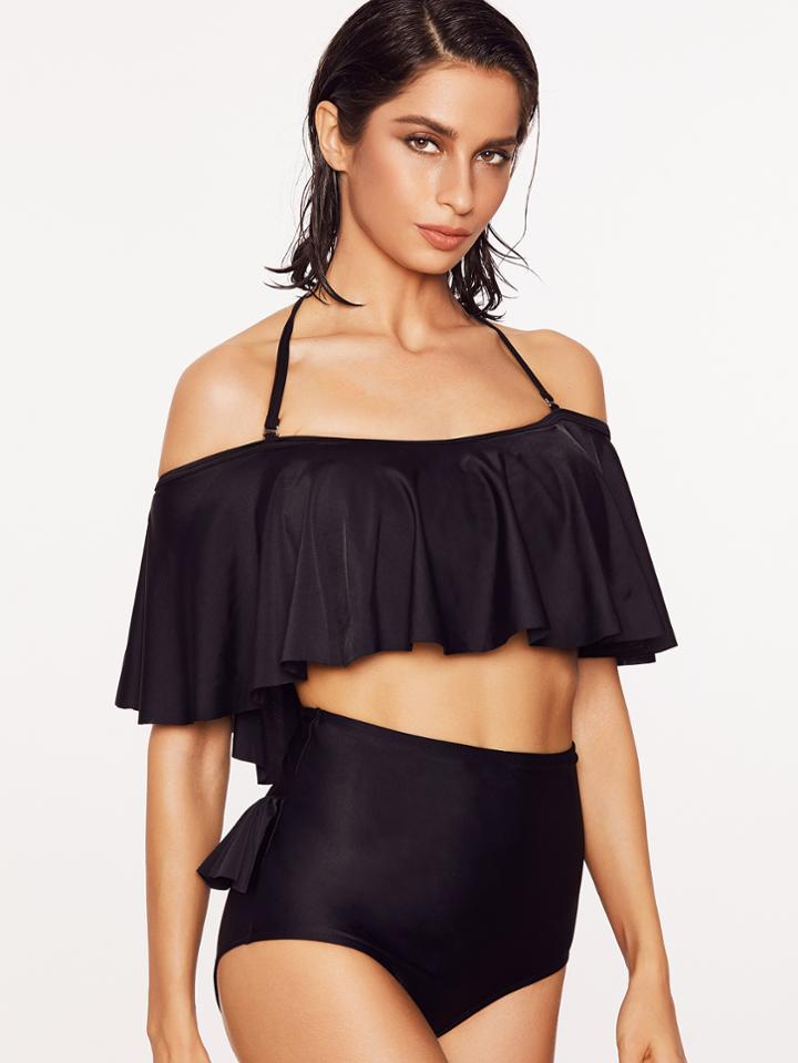 Romwe Black Ruffle Detail High Waist Halter Swimwear