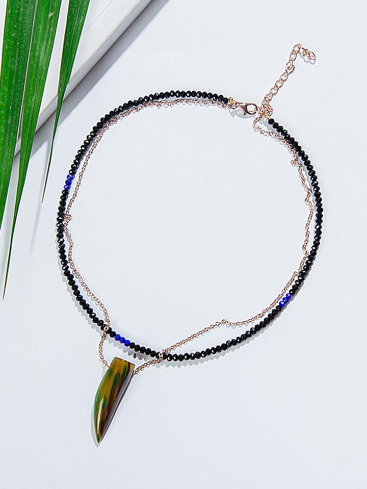 Romwe Double Layered Beaded & Chain Necklace