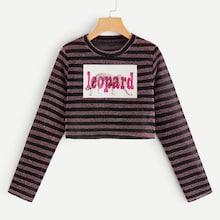 Romwe Leopard Print Striped Crop Tee