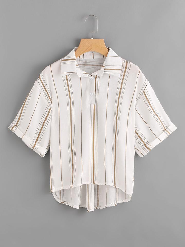 Romwe Striped Dip Hem Button Detail Cuffed Blouse