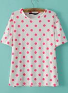 Romwe White Short Sleeve Pink Polka Dot Loose T-shirt
