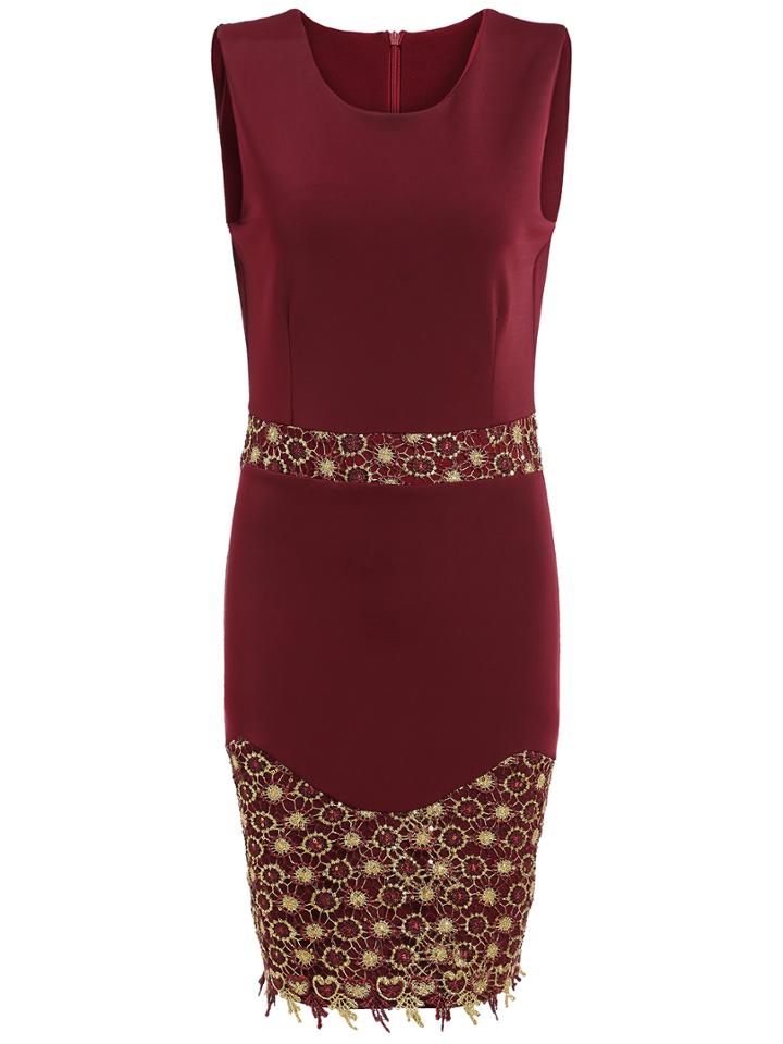 Romwe Sleeveless Beaded Lace Crochet Burgundy Dress